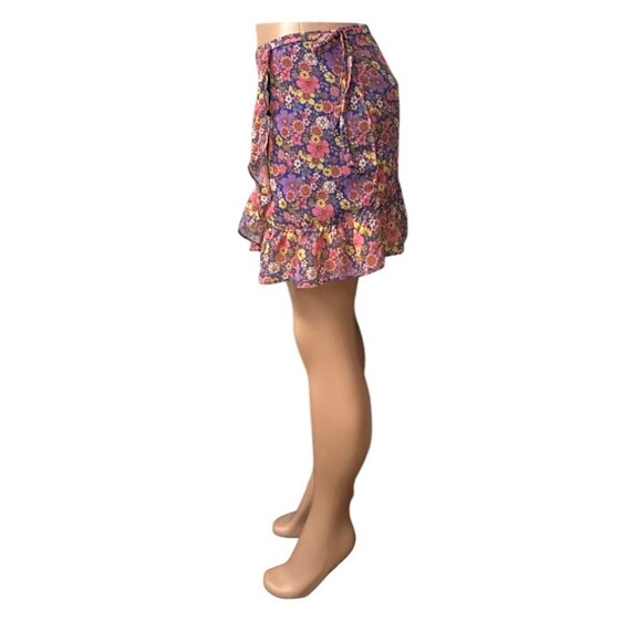 Topshop Floral Wrap Mini Skirt With Ruffle Hem, Purple/Multicolor, Sz. 6 - Picture 5 of 11